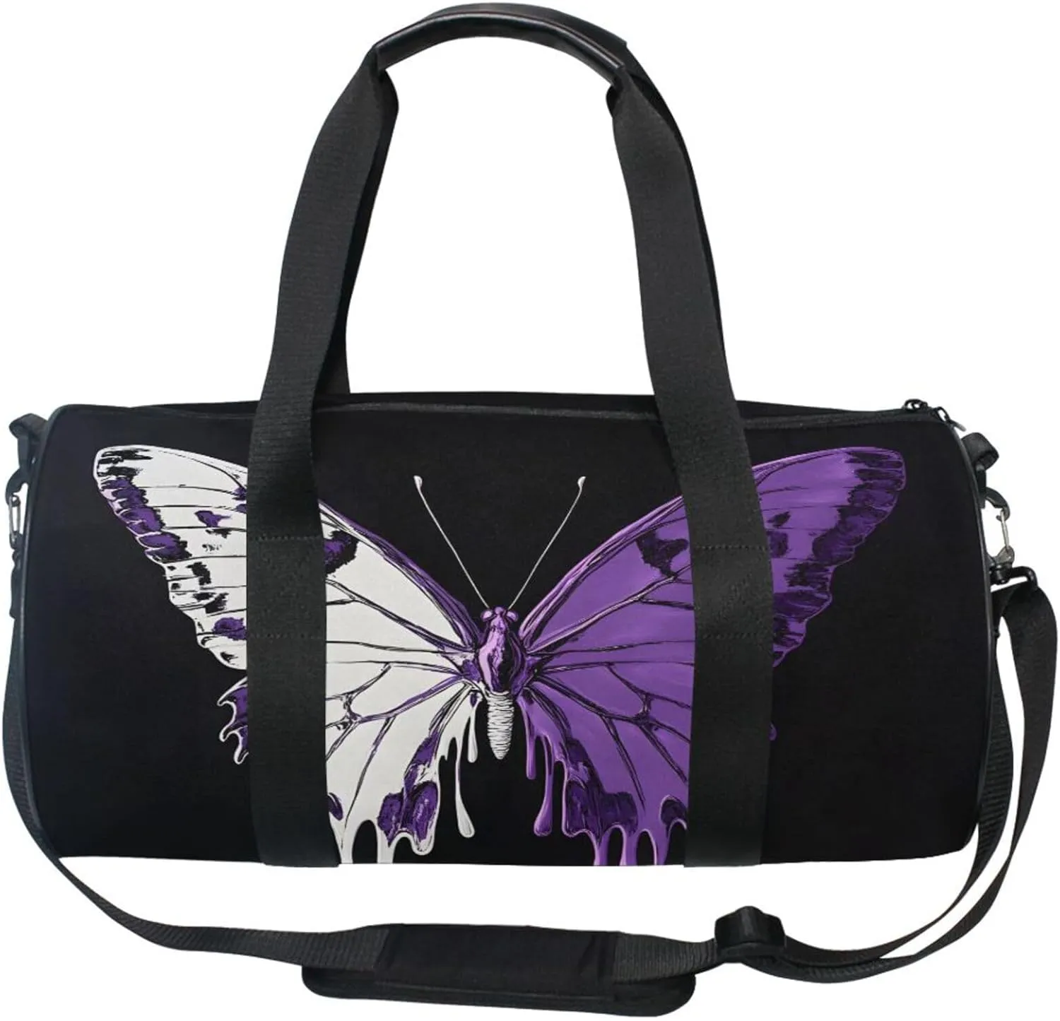 MNSRUU Sports Duffel Bags, White Purple Dual Color Butterfly Athletic Gym Bag Overnight Workout Travel Tote Luggage for Men Women Yoga