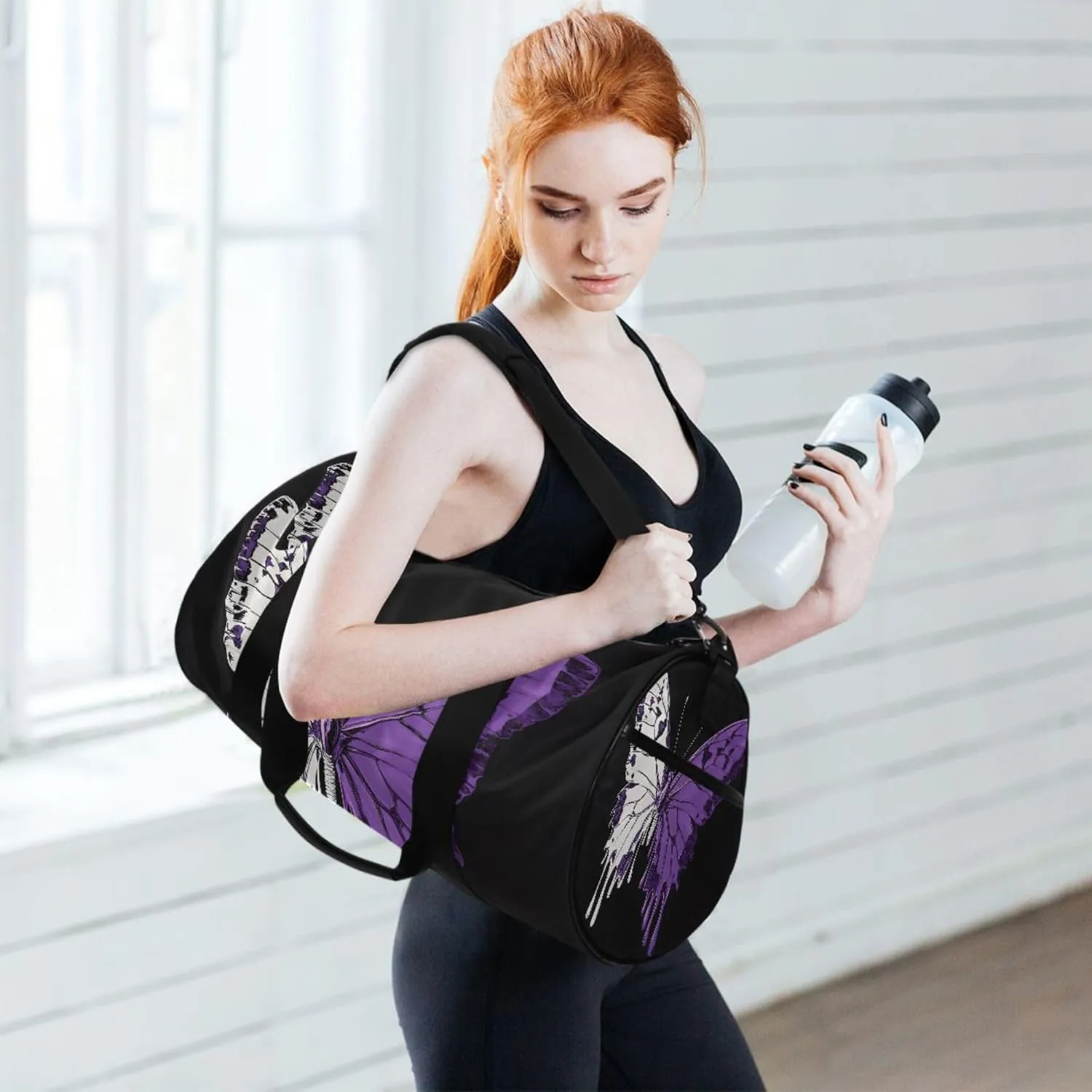 MNSRUU Sports Duffel Bags, White Purple Dual Color Butterfly Athletic Gym Bag Overnight Workout Travel Tote Luggage for Men Women Yoga