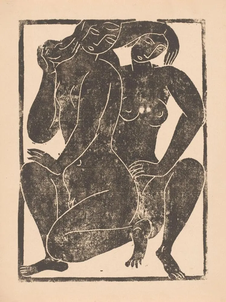 Moissej Kogan 14x18 Gallery Wrapped Canvas Museum Art Print Titled: Two Crouching Naked Women