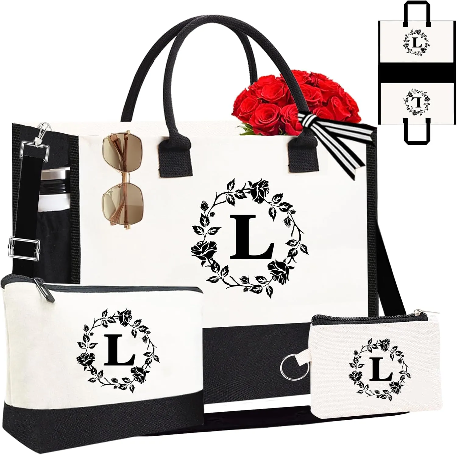 Monogram Personalized Initial Canvas Tote Bags for Women, Double-sided Embroidery Tote Beach Bags Gifts for Women