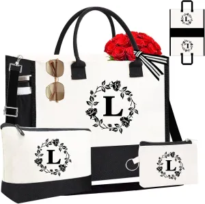 Monogram Personalized Initial Canvas Tote Bags for Women, Double-sided Embroidery Tote Beach Bags Gifts for Women