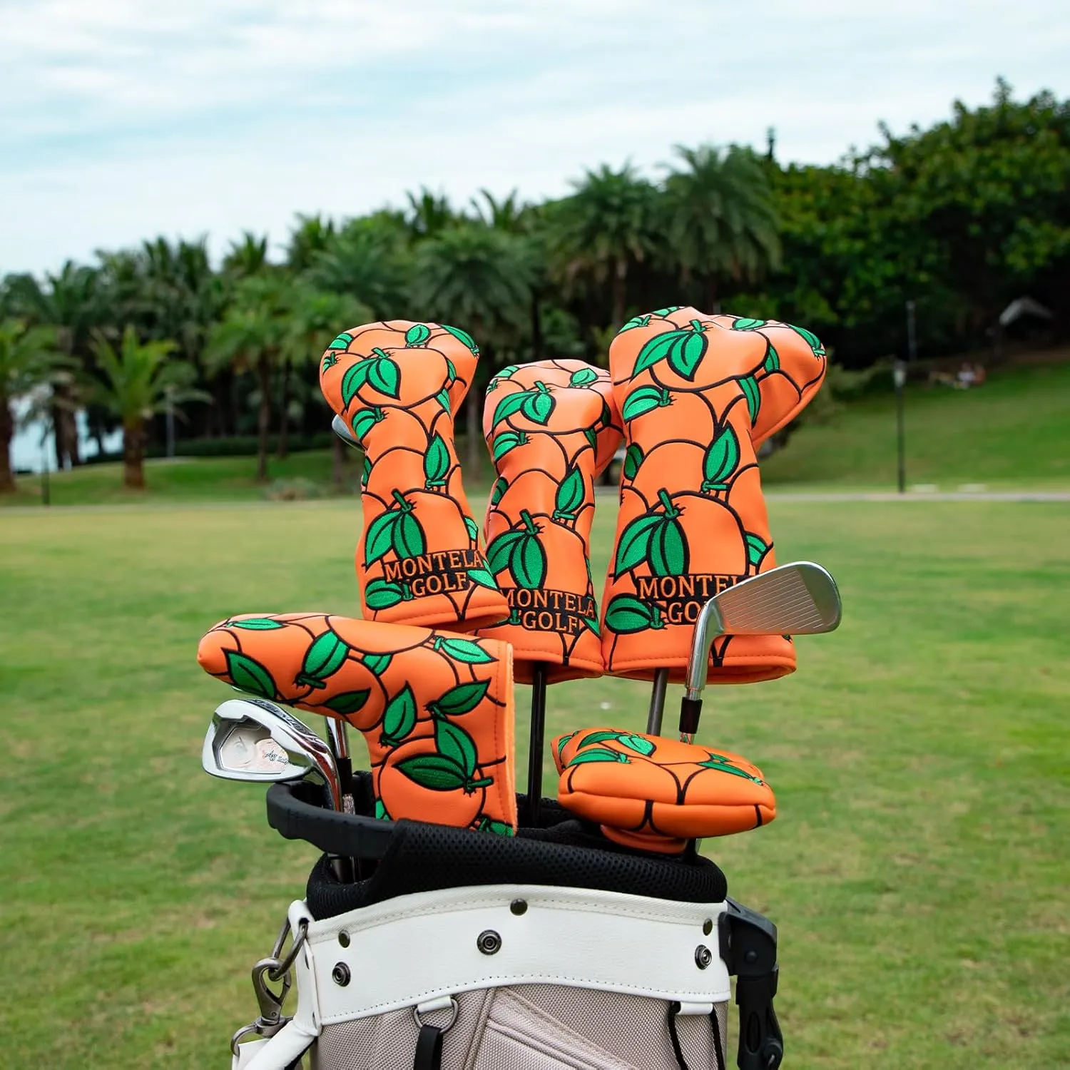 Montela Golf Club Covers Orange Golf Head Cover Driver Covers Fairway Wood Headcover Hybrid Cover Leather Golf Headcover for Scotty Cameron Taylormade Titleist Odyssey