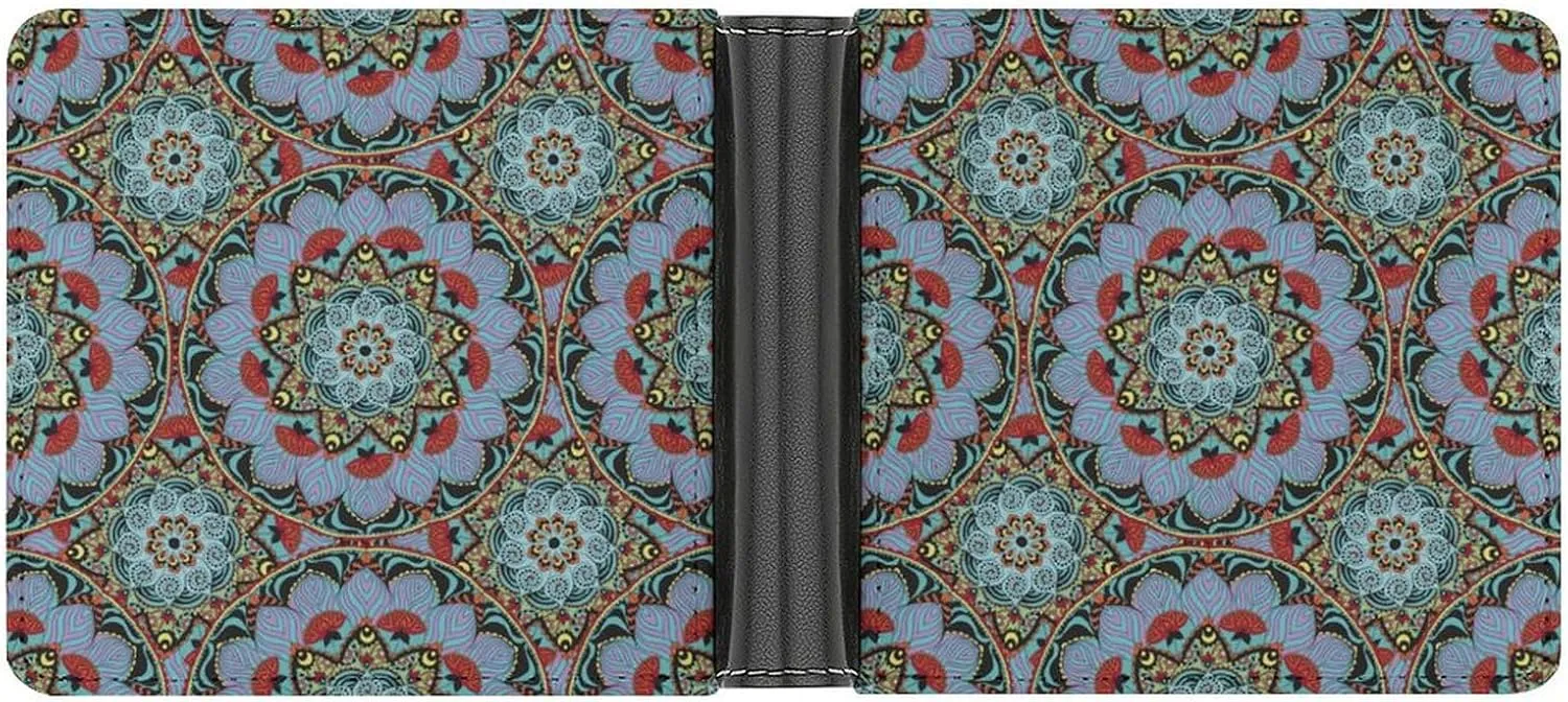 Moroccan Mosaic Circle Flower Leather Wallets for Men Slim Bifold Purse Clutch Double-Sided Printing