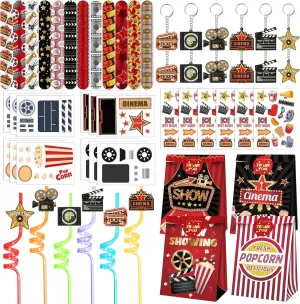 Movie Night Party Favors 72 PCS Movie Theater Slap Bracelets Temporary Tattoos DIY Stickers Keychains Plastic Straws Gift Bags for Kids Movie Night Carzy Birthday Party Gift Baby Shower Goodie Bag Fillers Movie Party Supplies