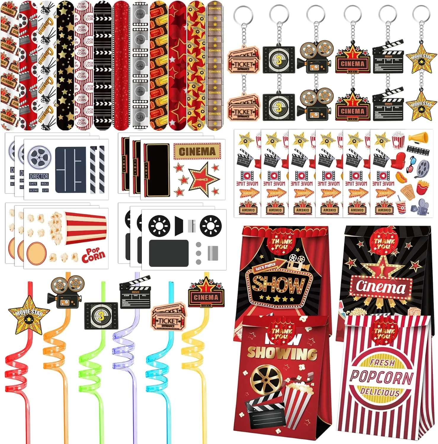Movie Night Party Favors 72 PCS Movie Theater Slap Bracelets Temporary Tattoos DIY Stickers Keychains Plastic Straws Gift Bags for Kids Movie Night Carzy Birthday Party Gift Baby Shower Goodie Bag Fillers Movie Party Supplies