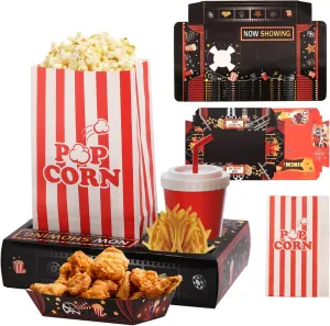 Movie Night Snack Trays with Popcorn Bags and Food Trays, Movie Night Supplies for Theater Family Birthday Party, Outdoor Snack Boxes Accessories Kit for Kids