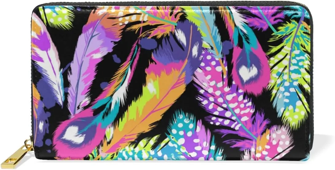 My Little Nest Women Genuine Leather Wallet Purse Neon Bright Feather Print Card Holder Organizer Clutch