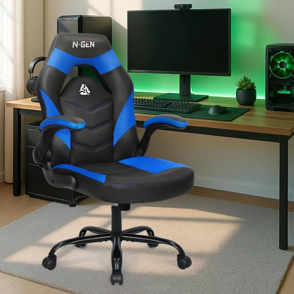 N-GEN GAMING Video Gaming Chair Ergonomic Office Desk Chair with Lumbar Support Adjustable Height Padded Flip Up Arms and Swivel Wheels Racing Style Design for Adults with PU Leather (Blue)