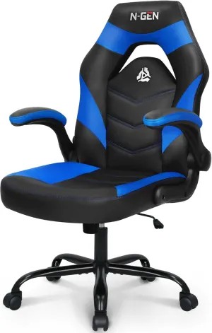 N-GEN GAMING Video Gaming Chair Ergonomic Office Desk Chair with Lumbar Support Adjustable Height Padded Flip Up Arms and Swivel Wheels Racing Style Design for Adults with PU Leather (Blue)