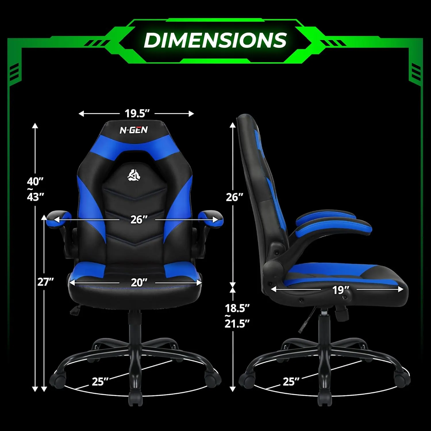 N-GEN GAMING Video Gaming Chair Ergonomic Office Desk Chair with Lumbar Support Adjustable Height Padded Flip Up Arms and Swivel Wheels Racing Style Design for Adults with PU Leather (Blue)