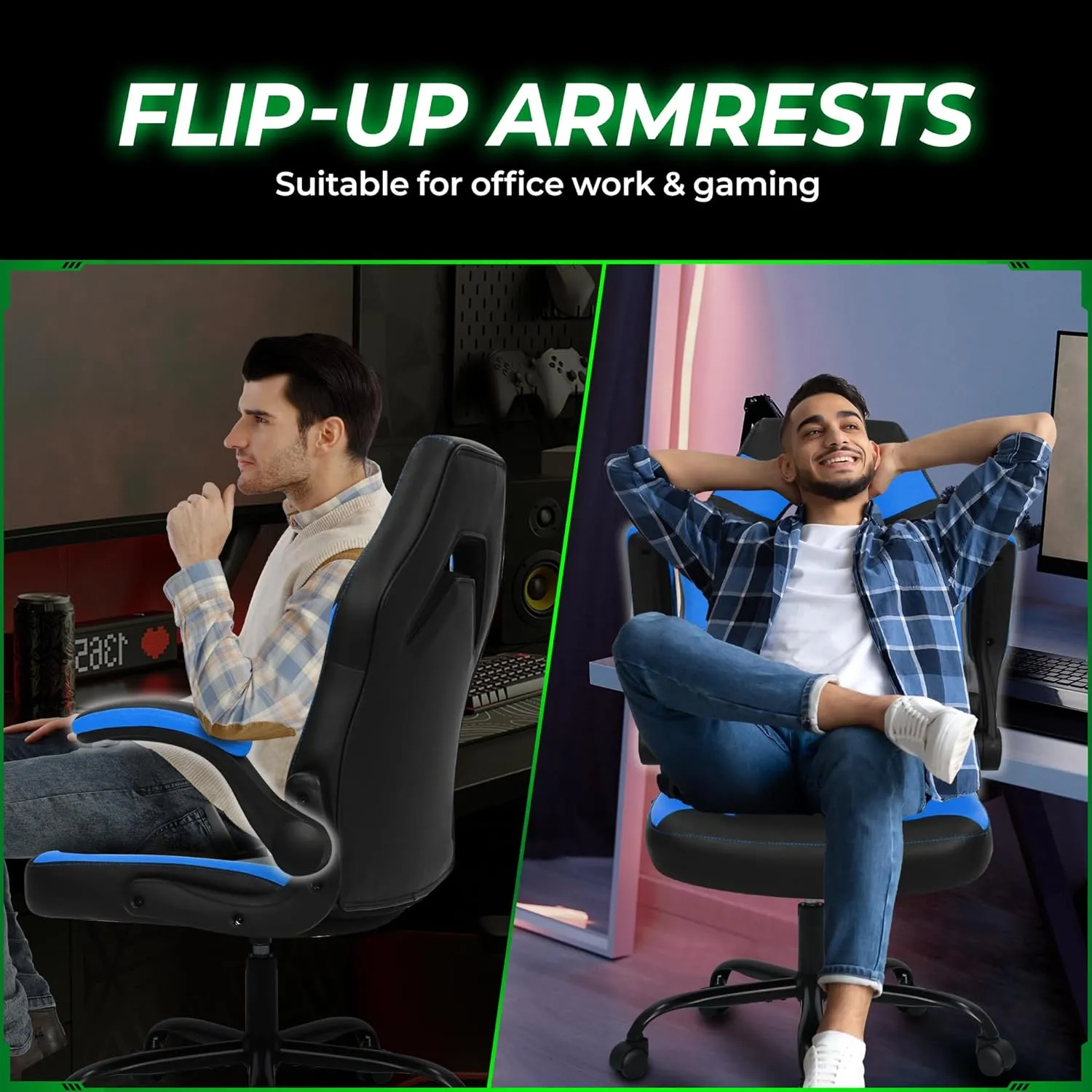 N-GEN GAMING Video Gaming Chair Ergonomic Office Desk Chair with Lumbar Support Adjustable Height Padded Flip Up Arms and Swivel Wheels Racing Style Design for Adults with PU Leather (Blue)