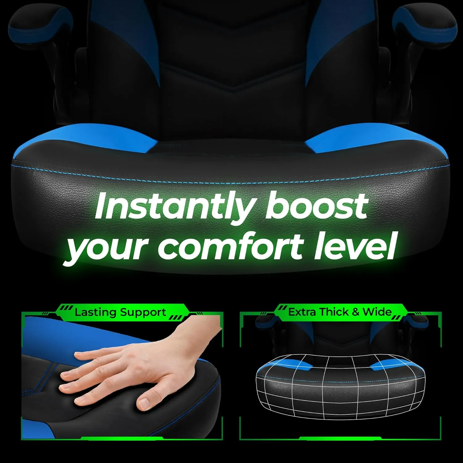 N-GEN GAMING Video Gaming Chair Ergonomic Office Desk Chair with Lumbar Support Adjustable Height Padded Flip Up Arms and Swivel Wheels Racing Style Design for Adults with PU Leather (Blue)