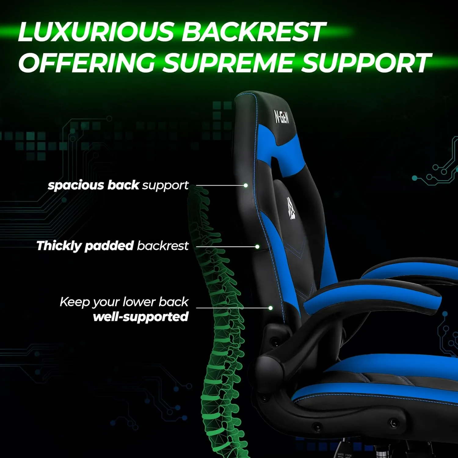 N-GEN GAMING Video Gaming Chair Ergonomic Office Desk Chair with Lumbar Support Adjustable Height Padded Flip Up Arms and Swivel Wheels Racing Style Design for Adults with PU Leather (Blue)