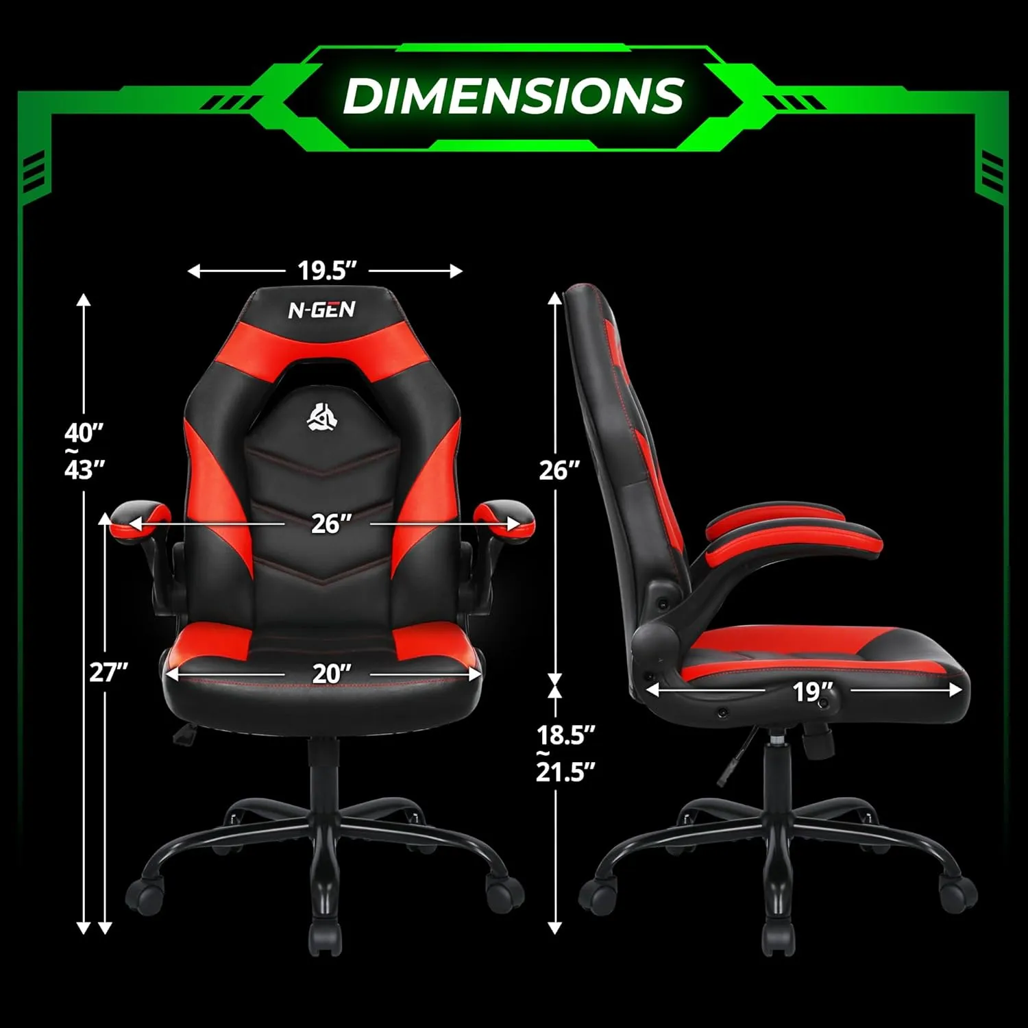 N-GEN GAMING Video Gaming Chair Ergonomic Office Desk Chair with Lumbar Support Adjustable Height Padded Flip Up Arms and Swivel Wheels Racing Style Design for Adults with PU Leather (Red)