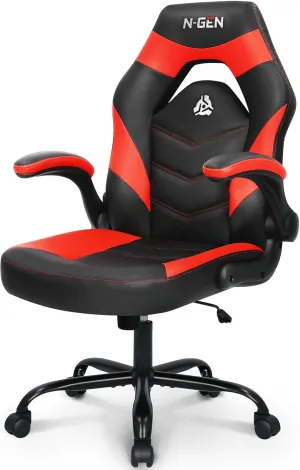 N-GEN GAMING Video Gaming Chair Ergonomic Office Desk Chair with Lumbar Support Adjustable Height Padded Flip Up Arms and Swivel Wheels Racing Style Design for Adults with PU Leather (Red)