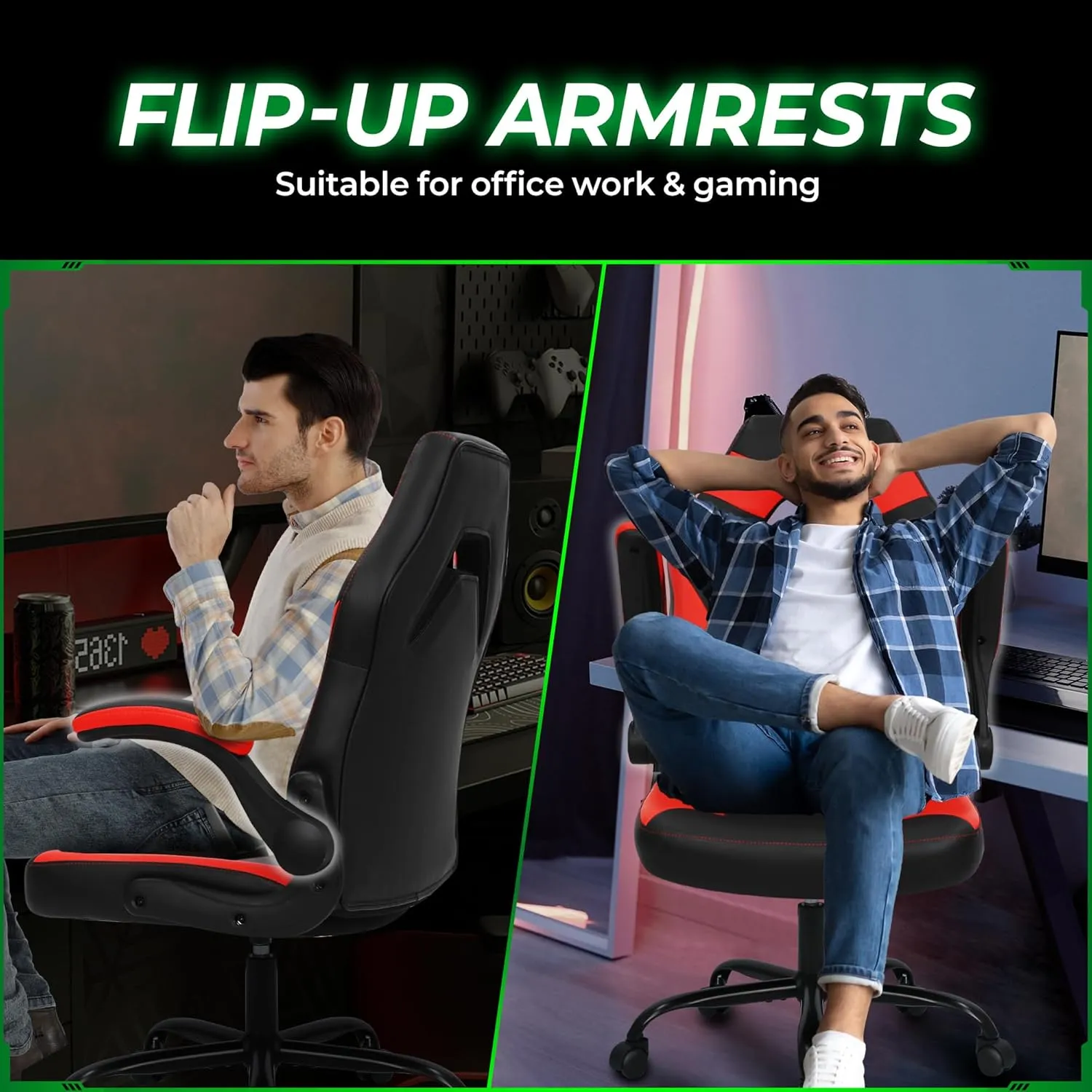 N-GEN GAMING Video Gaming Chair Ergonomic Office Desk Chair with Lumbar Support Adjustable Height Padded Flip Up Arms and Swivel Wheels Racing Style Design for Adults with PU Leather (Red)