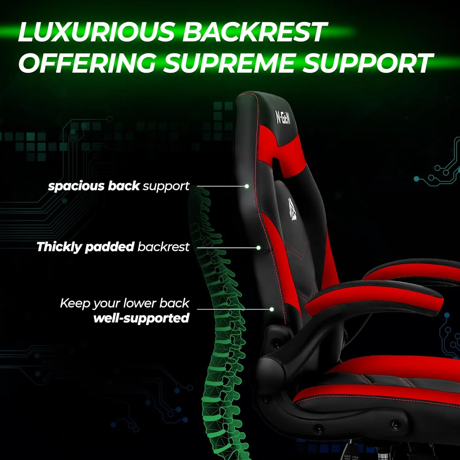 N-GEN GAMING Video Gaming Chair Ergonomic Office Desk Chair with Lumbar Support Adjustable Height Padded Flip Up Arms and Swivel Wheels Racing Style Design for Adults with PU Leather (Red)