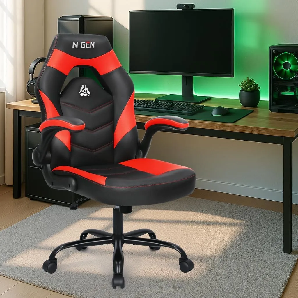 N-GEN GAMING Video Gaming Chair Ergonomic Office Desk Chair with Lumbar Support Adjustable Height Padded Flip Up Arms and Swivel Wheels Racing Style Design for Adults with PU Leather (Red)