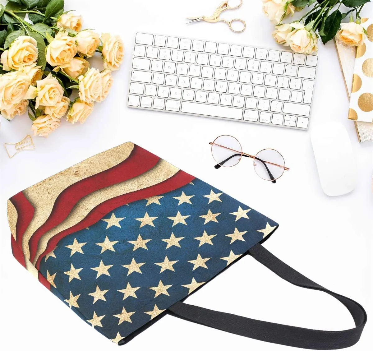 Naanle 4th of July Canvas Tote, Large Women's Casual Shoulder Handbag, American Flag Galaxy Stars Reusable Multipurpose Heavy Duty Shopping Grocery Cotton Bag for Outdoors