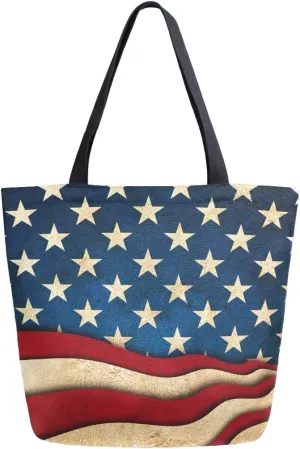 Naanle 4th of July Canvas Tote, Large Women's Casual Shoulder Handbag, American Flag Galaxy Stars Reusable Multipurpose Heavy Duty Shopping Grocery Cotton Bag for Outdoors