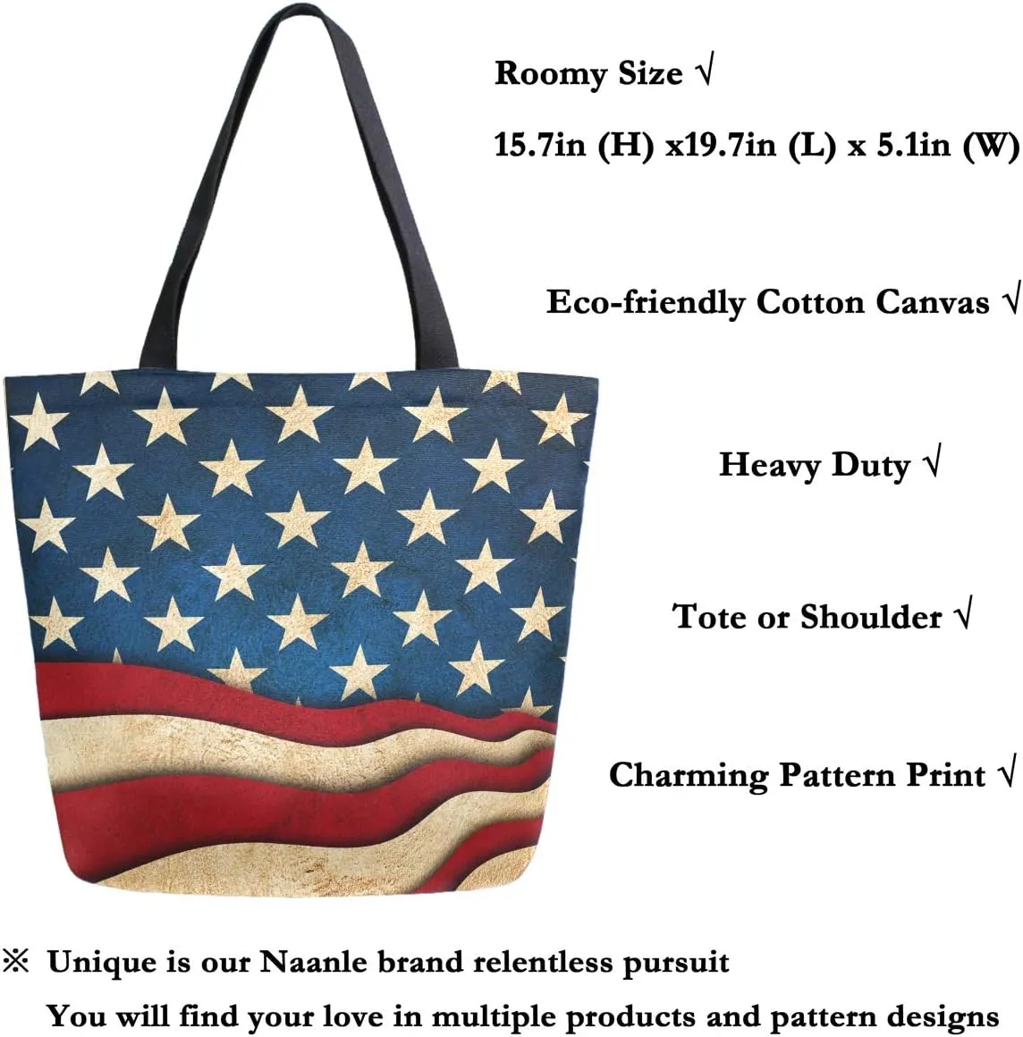 Naanle 4th of July Canvas Tote, Large Women's Casual Shoulder Handbag, American Flag Galaxy Stars Reusable Multipurpose Heavy Duty Shopping Grocery Cotton Bag for Outdoors