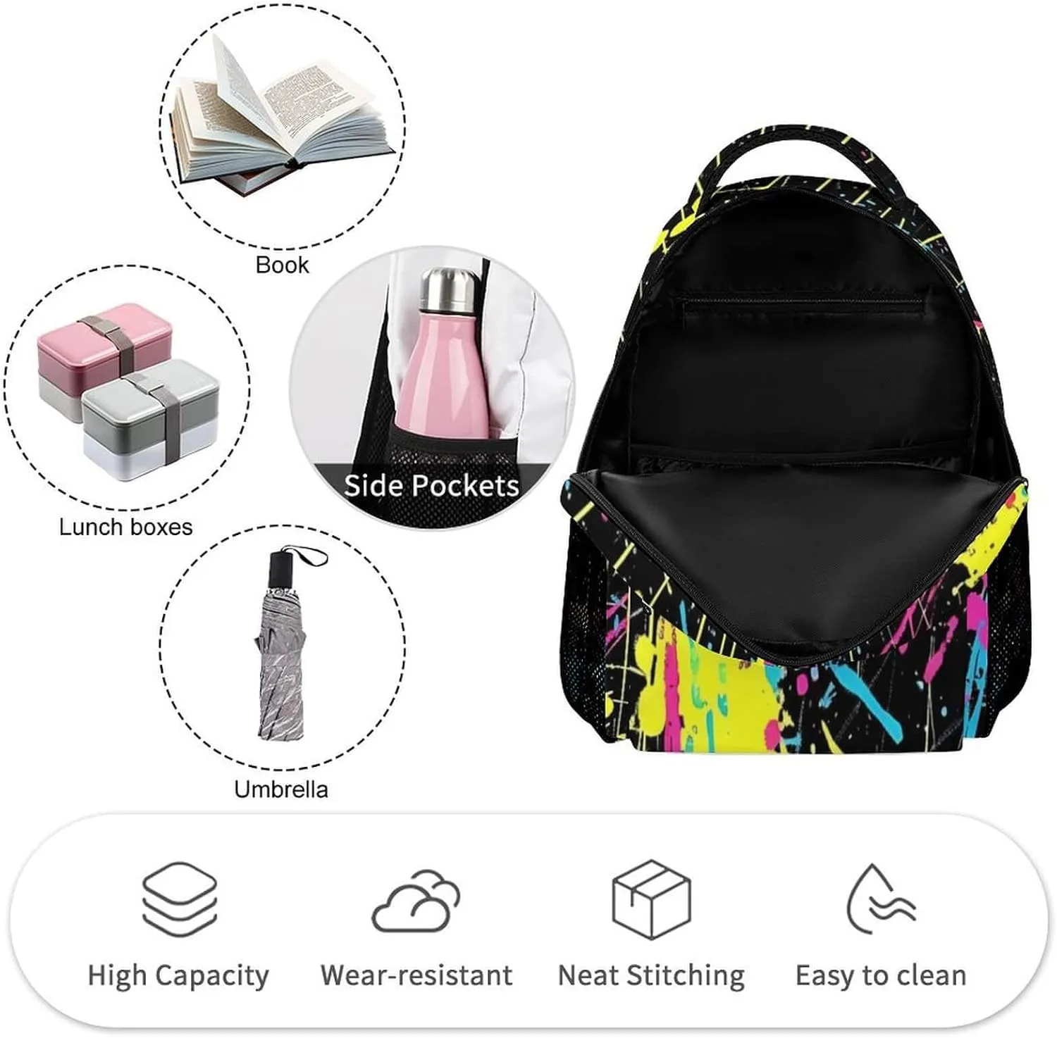 Neon Backpack for Kids Girls Boys School, 16 Inches Neon Theme Bookbag, Adjustable, Lightweight, Large Capacity, Colorful Neon Backpack for School