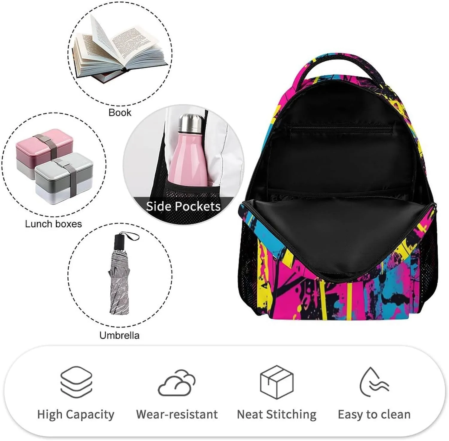 Neon Backpack for Kids Girls Boys School, 16 Inches Neon Theme Bookbag, Adjustable, Lightweight, Large Capacity, Colorful Neon Backpack for School