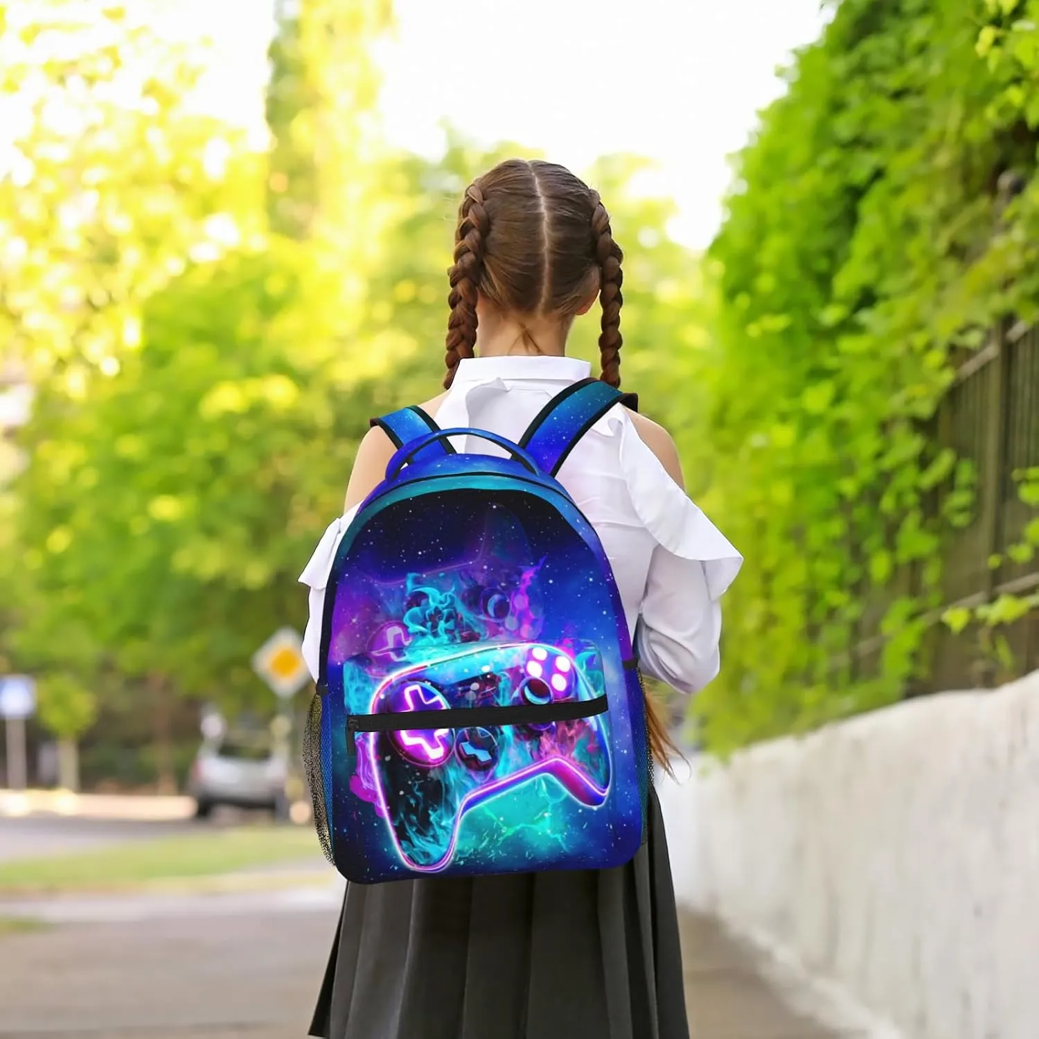 Neon Blue Lightning Abstract Gamepad Backpack Games Gaming Colorful School Bags Travel Hiking Camping for Boys Girls Kids Teenager Adults Teens Laptop Backpack