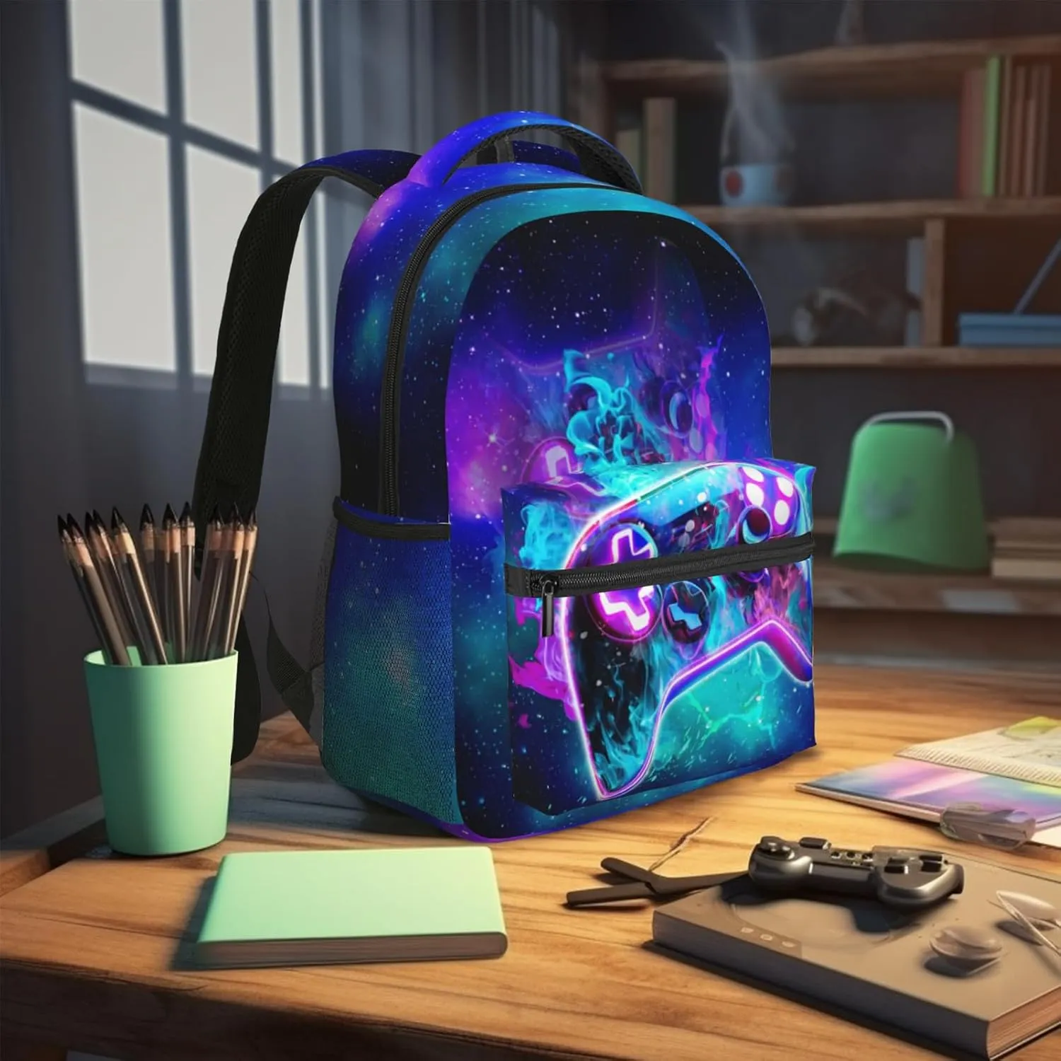 Neon Blue Lightning Abstract Gamepad Backpack Games Gaming Colorful School Bags Travel Hiking Camping for Boys Girls Kids Teenager Adults Teens Laptop Backpack
