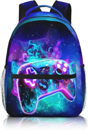 Neon Blue Lightning Abstract Gamepad Backpack Games Gaming Colorful School Bags Travel Hiking Camping for Boys Girls Kids Teenager Adults Teens Laptop Backpack