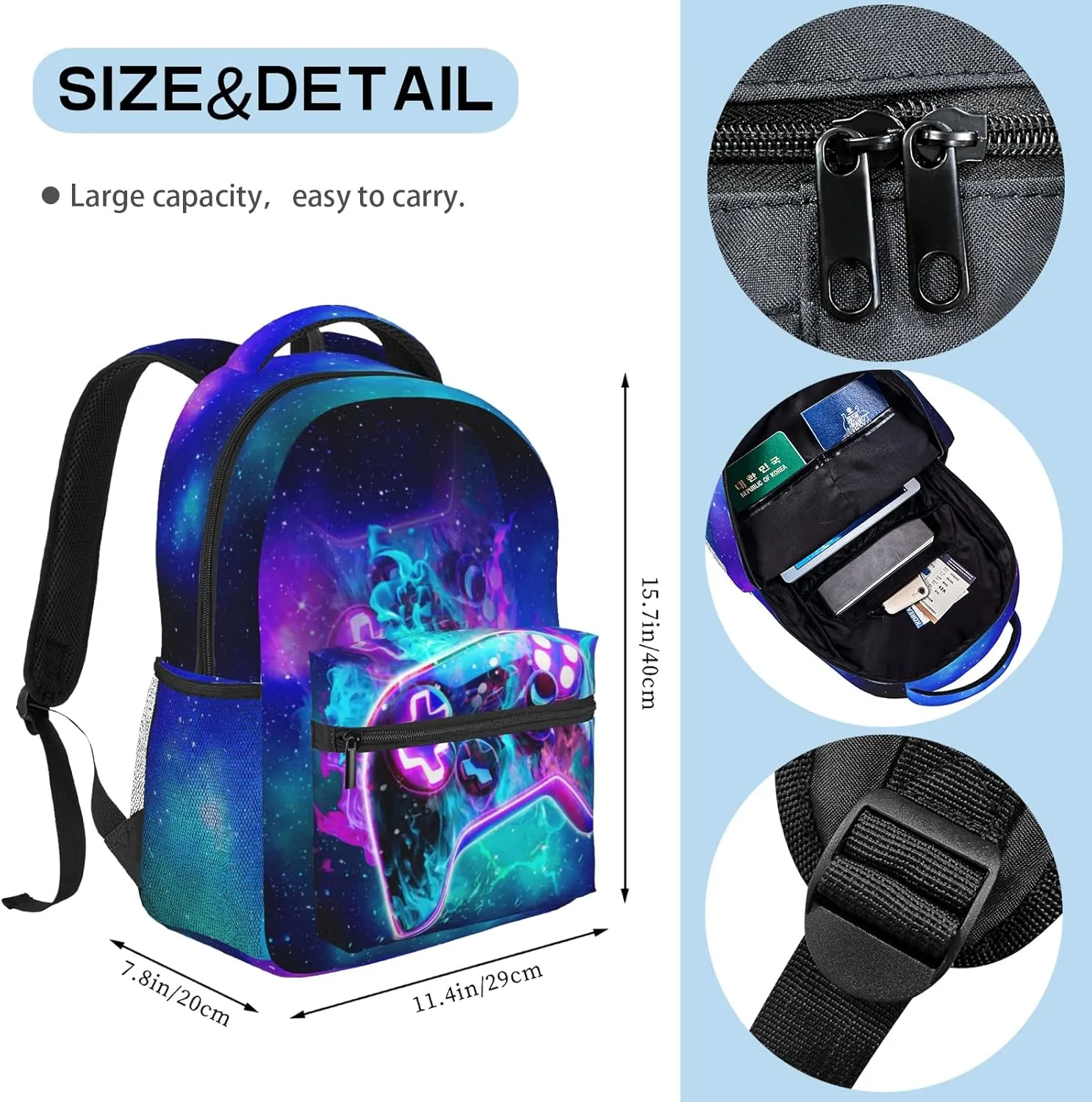 Neon Blue Lightning Abstract Gamepad Backpack Games Gaming Colorful School Bags Travel Hiking Camping for Boys Girls Kids Teenager Adults Teens Laptop Backpack