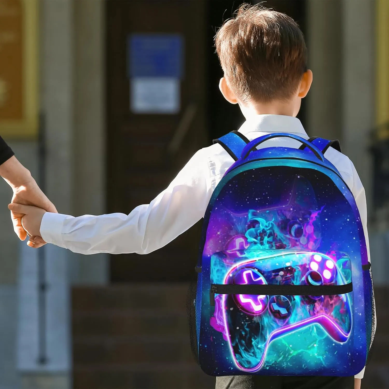 Neon Blue Lightning Abstract Gamepad Backpack Games Gaming Colorful School Bags Travel Hiking Camping for Boys Girls Kids Teenager Adults Teens Laptop Backpack