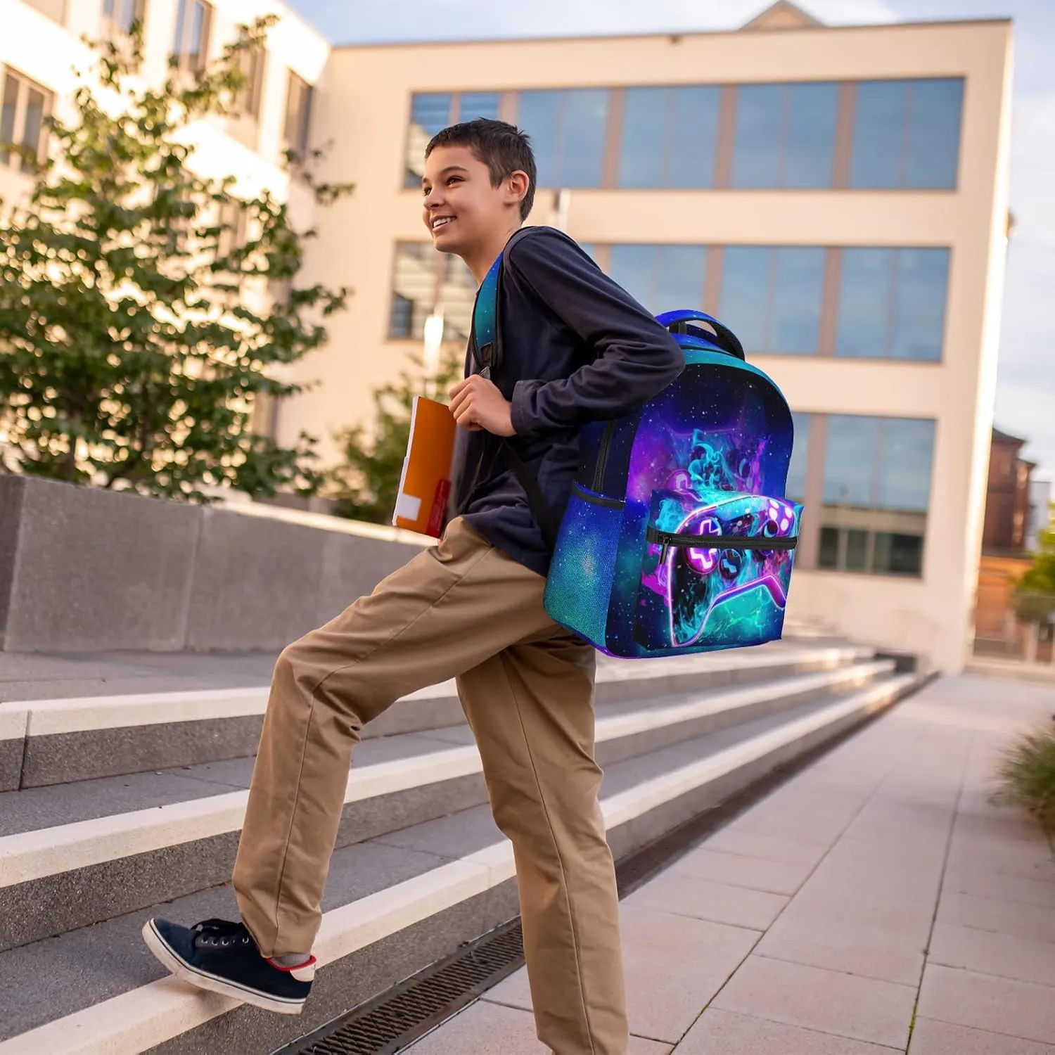 Neon Blue Lightning Abstract Gamepad Backpack Games Gaming Colorful School Bags Travel Hiking Camping for Boys Girls Kids Teenager Adults Teens Laptop Backpack