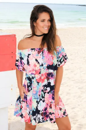 Neon Floral Off Shoulder Short Dress