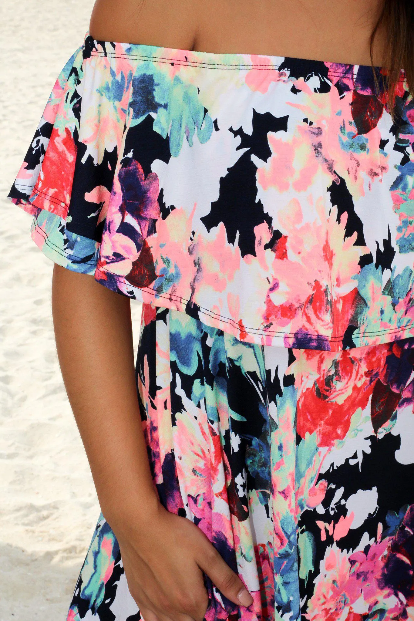 Neon Floral Off Shoulder Short Dress