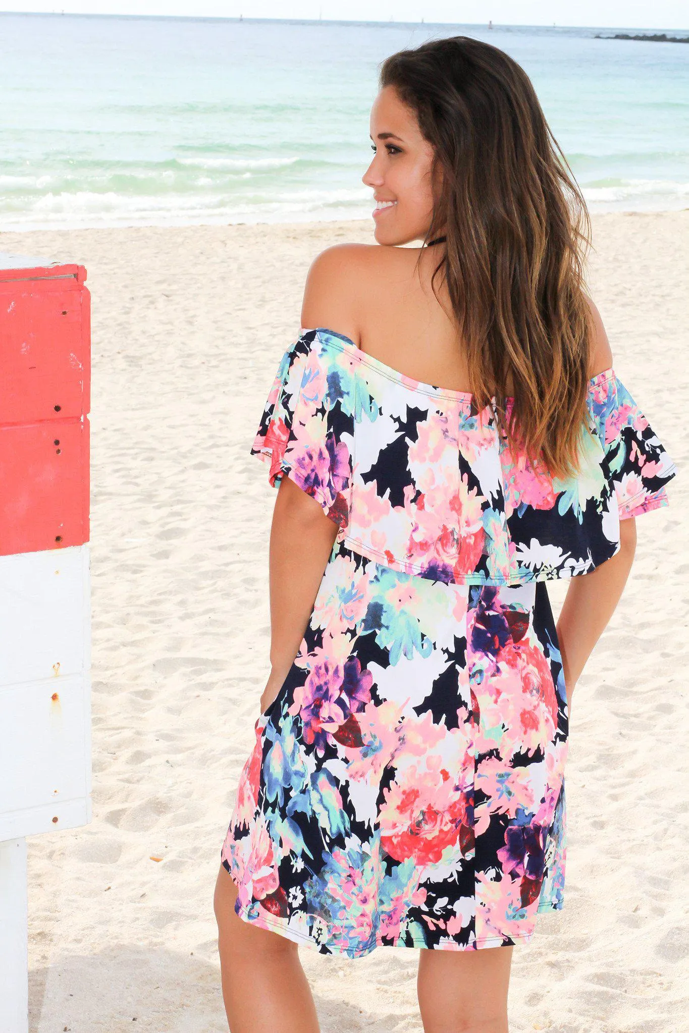 Neon Floral Off Shoulder Short Dress