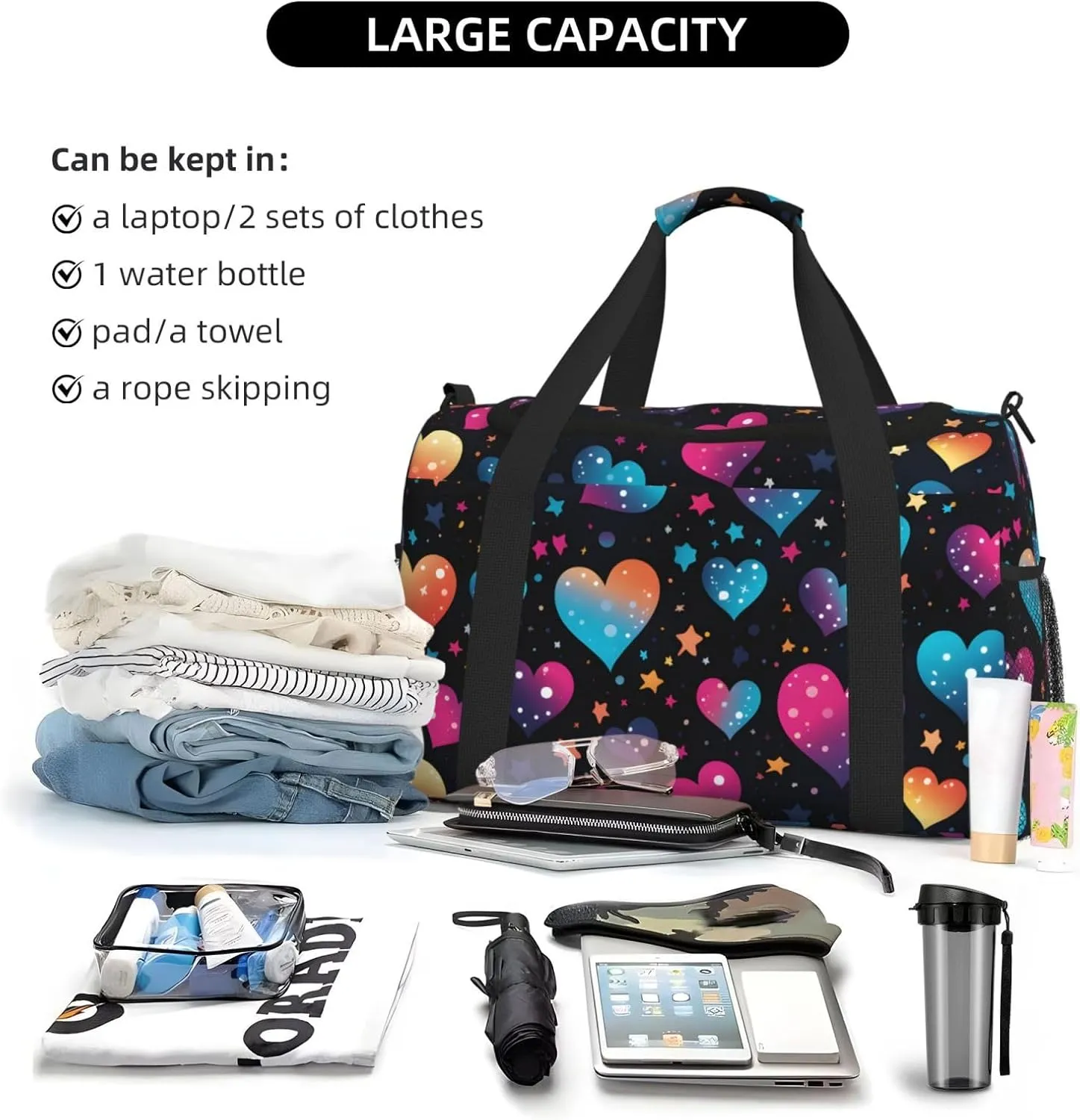 Neon Stars Hearts Duffle Bag Foldable Travel Tote Bag Carry On Large Weekender Overnight Bags Waterproof Gym Bag For Women Men