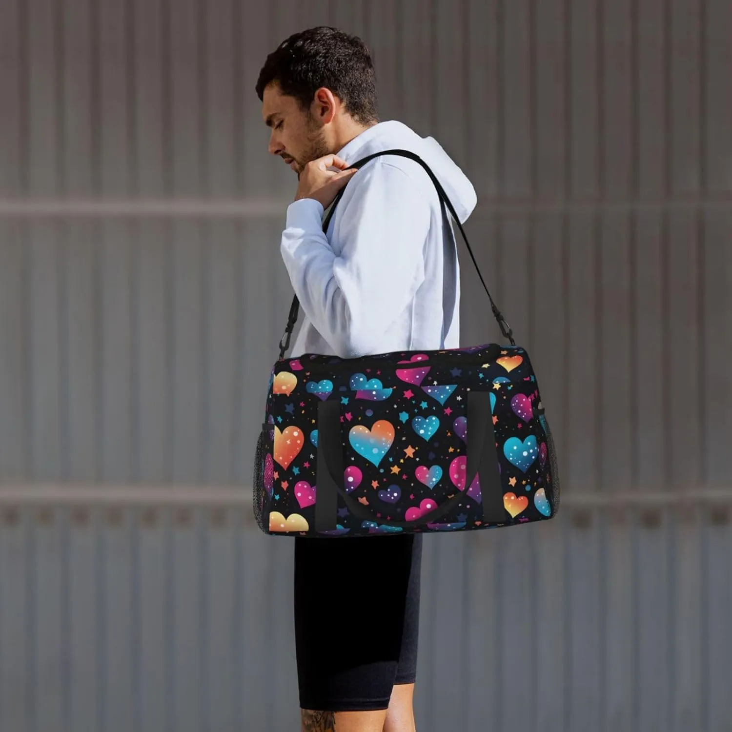 Neon Stars Hearts Duffle Bag Foldable Travel Tote Bag Carry On Large Weekender Overnight Bags Waterproof Gym Bag For Women Men