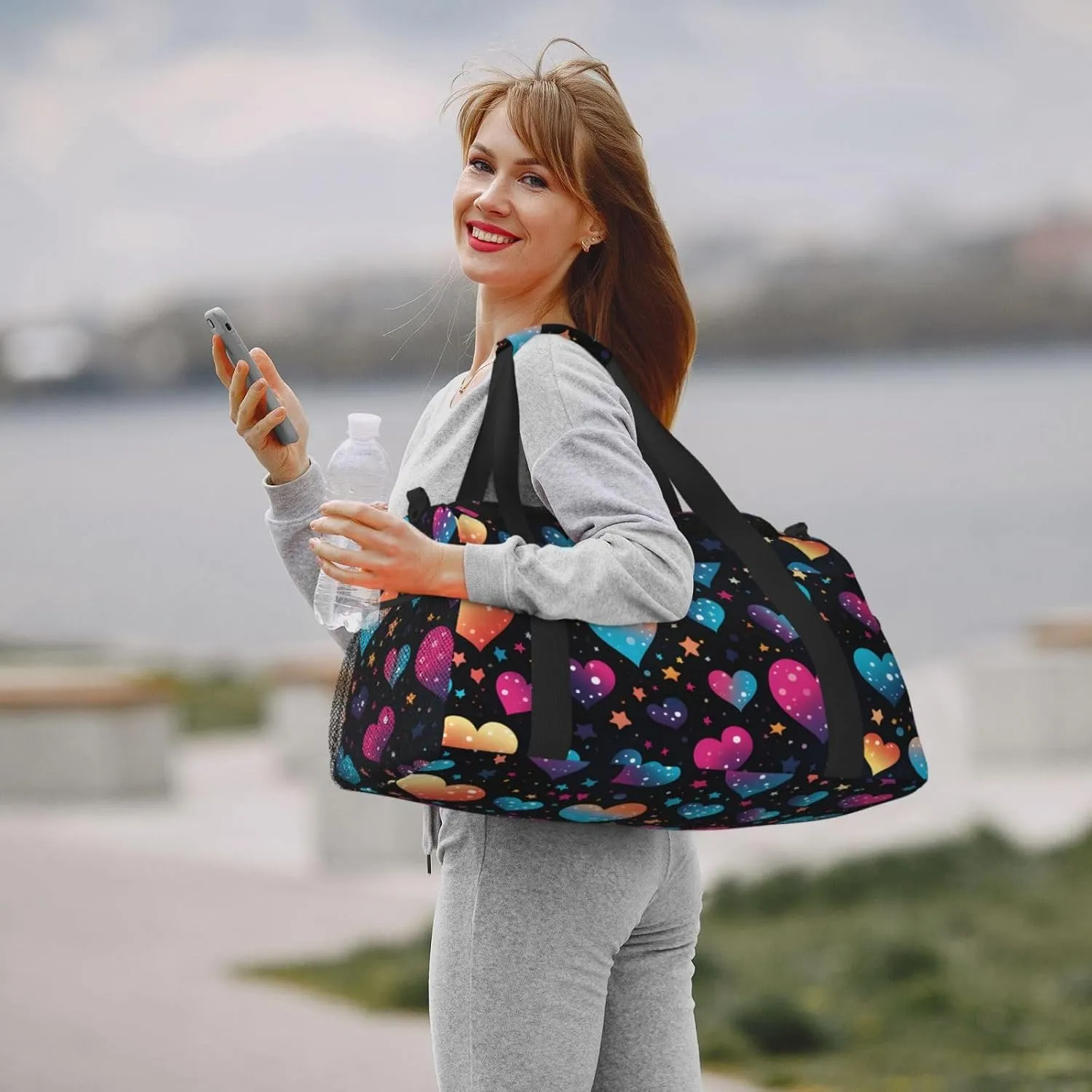 Neon Stars Hearts Duffle Bag Foldable Travel Tote Bag Carry On Large Weekender Overnight Bags Waterproof Gym Bag For Women Men
