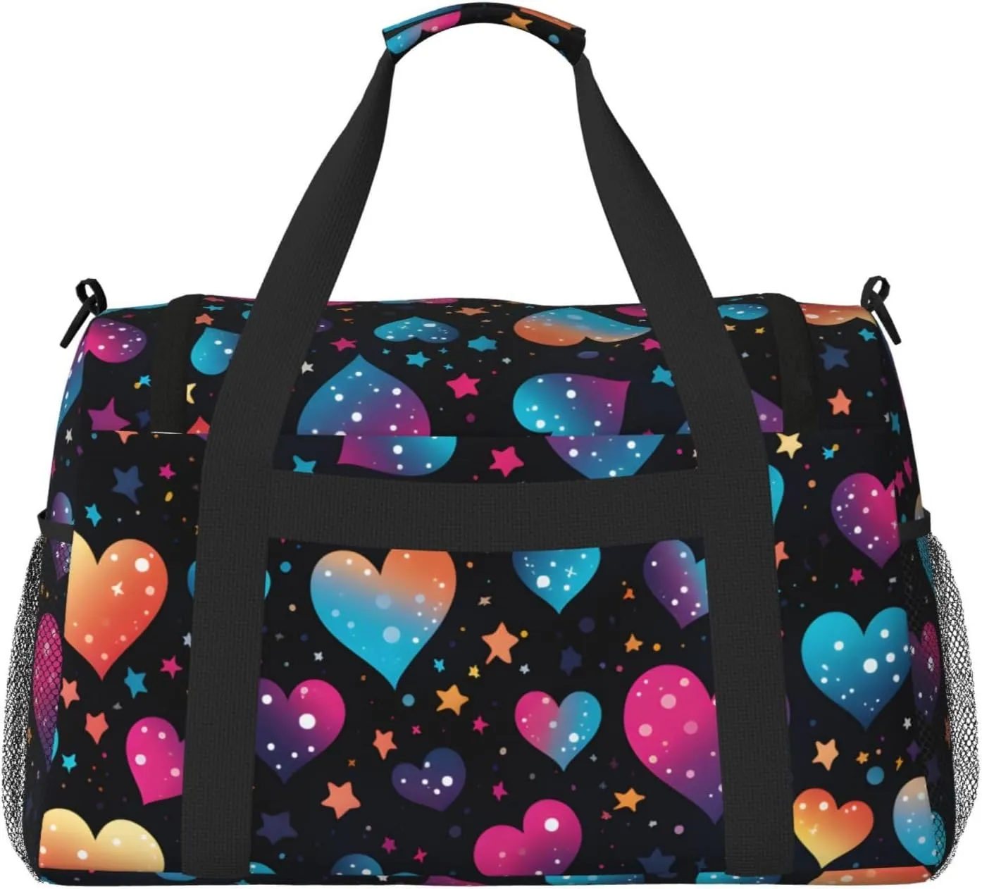 Neon Stars Hearts Duffle Bag Foldable Travel Tote Bag Carry On Large Weekender Overnight Bags Waterproof Gym Bag For Women Men