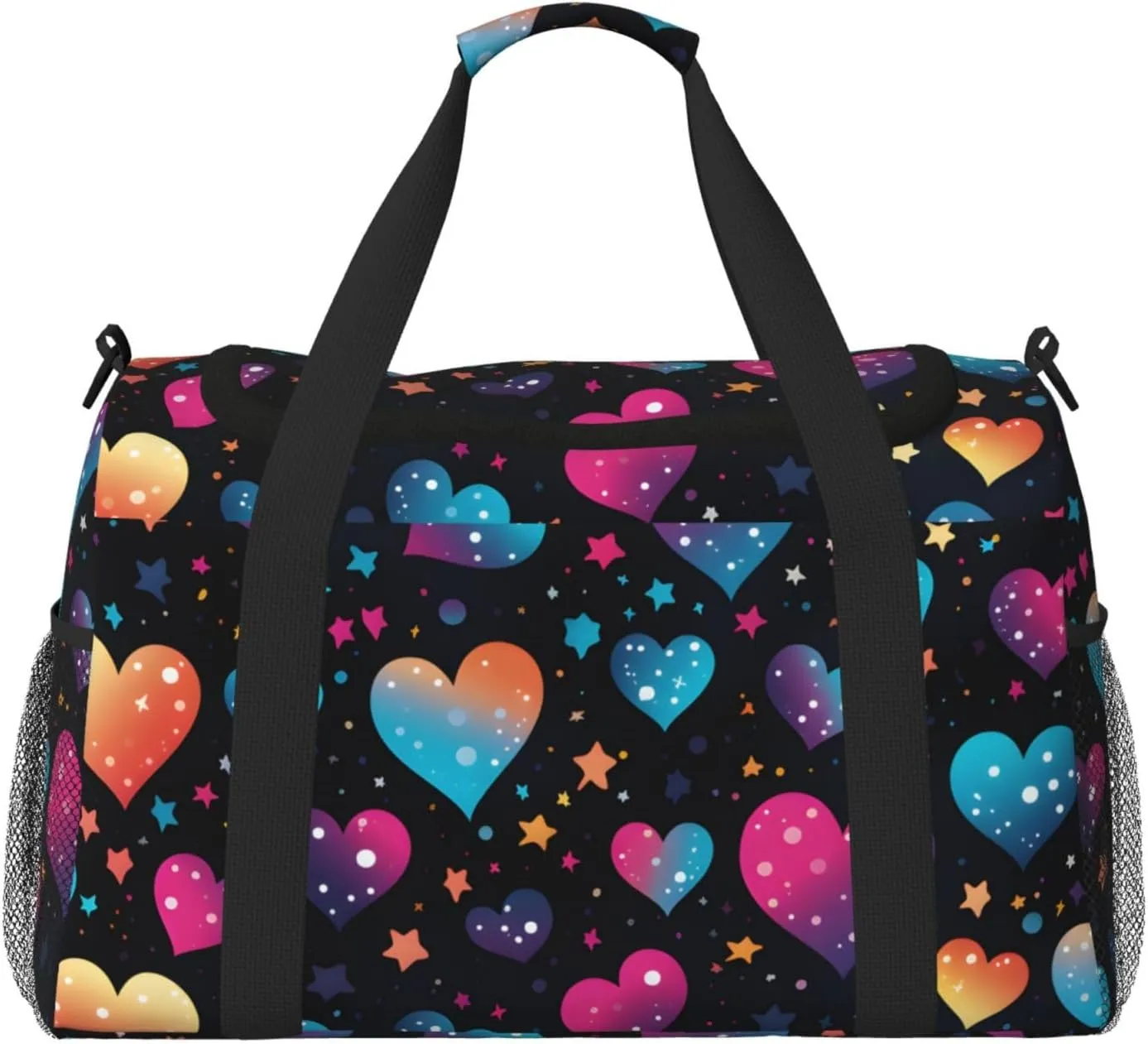 Neon Stars Hearts Duffle Bag Foldable Travel Tote Bag Carry On Large Weekender Overnight Bags Waterproof Gym Bag For Women Men
