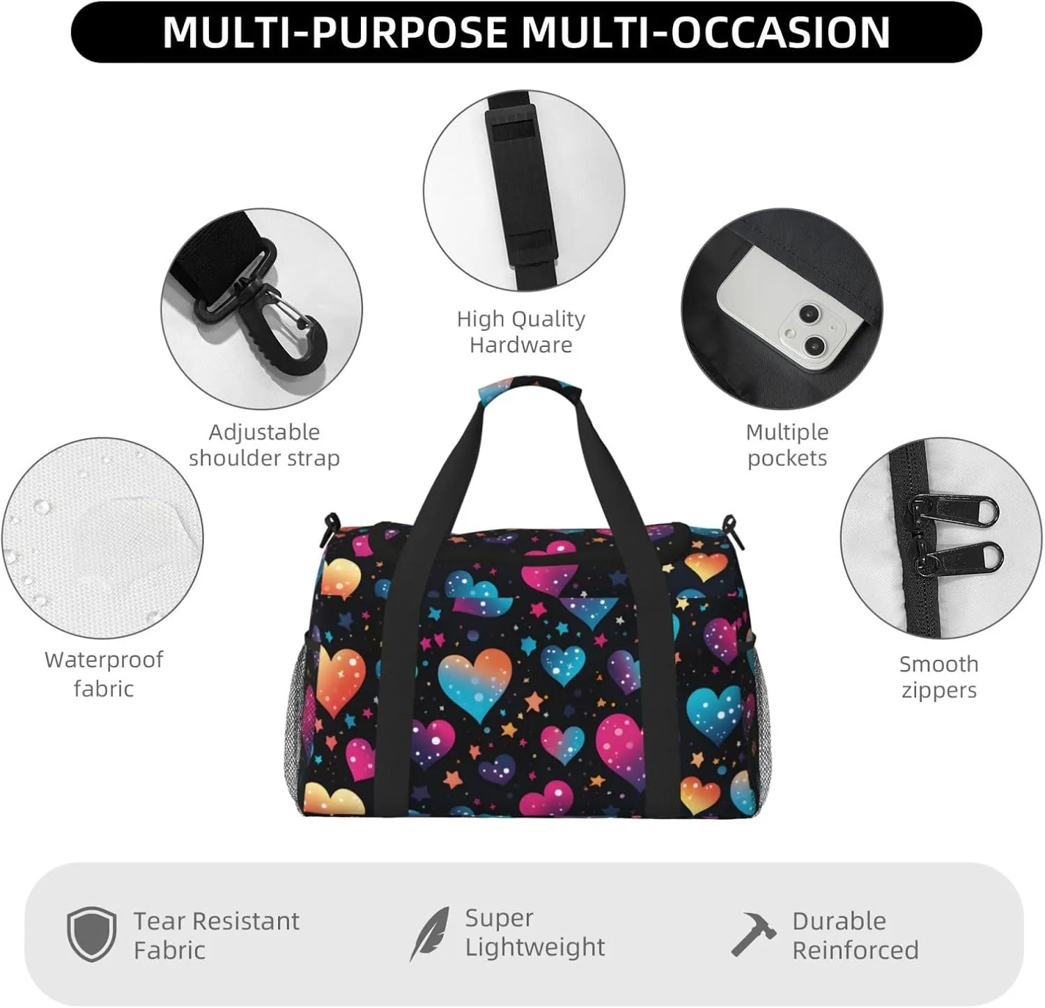 Neon Stars Hearts Duffle Bag Foldable Travel Tote Bag Carry On Large Weekender Overnight Bags Waterproof Gym Bag For Women Men