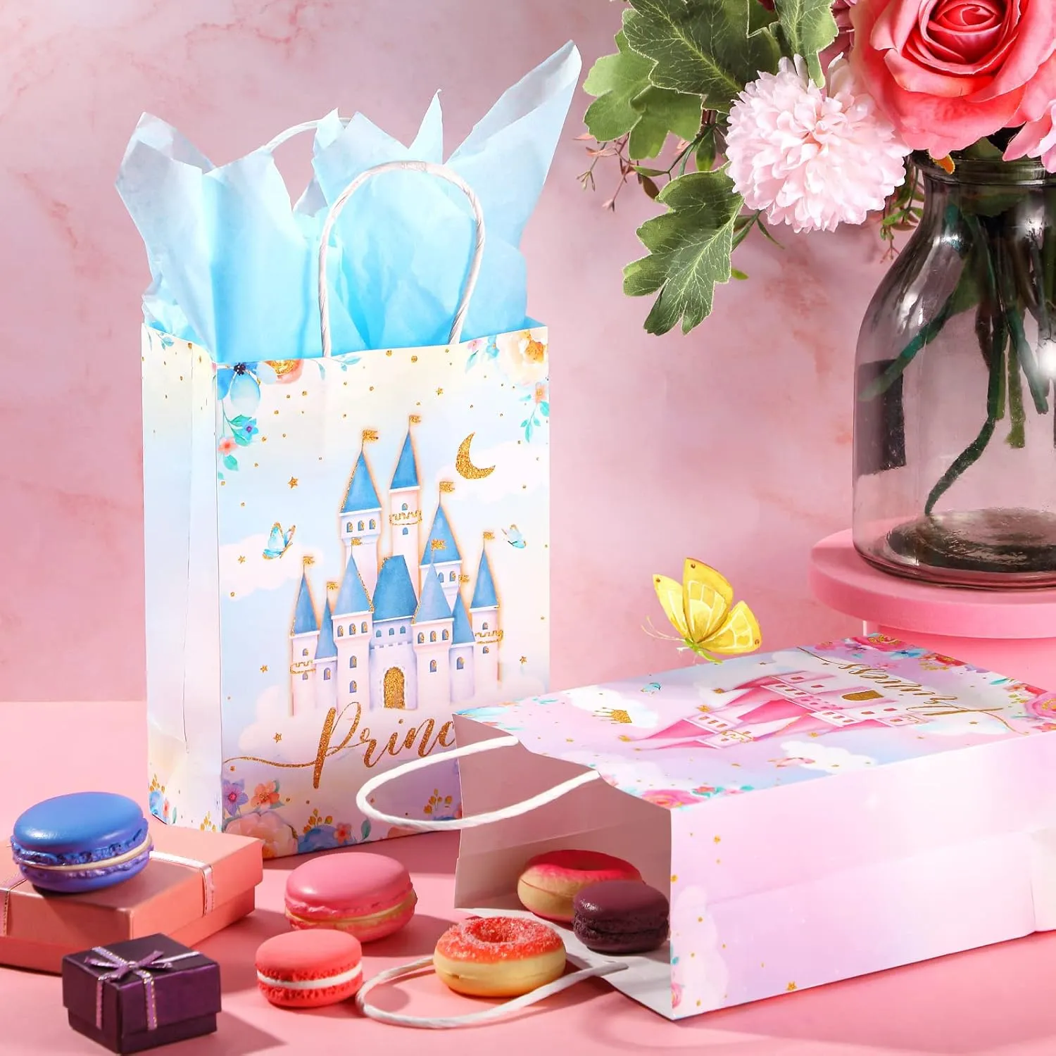 Nezyo 16 Pcs Princess Prince Party Favor Bags Prince Princess Goodie Gift Candy Bags for Birthday Baby Shower Party Favors(Pink and Blue Castle)