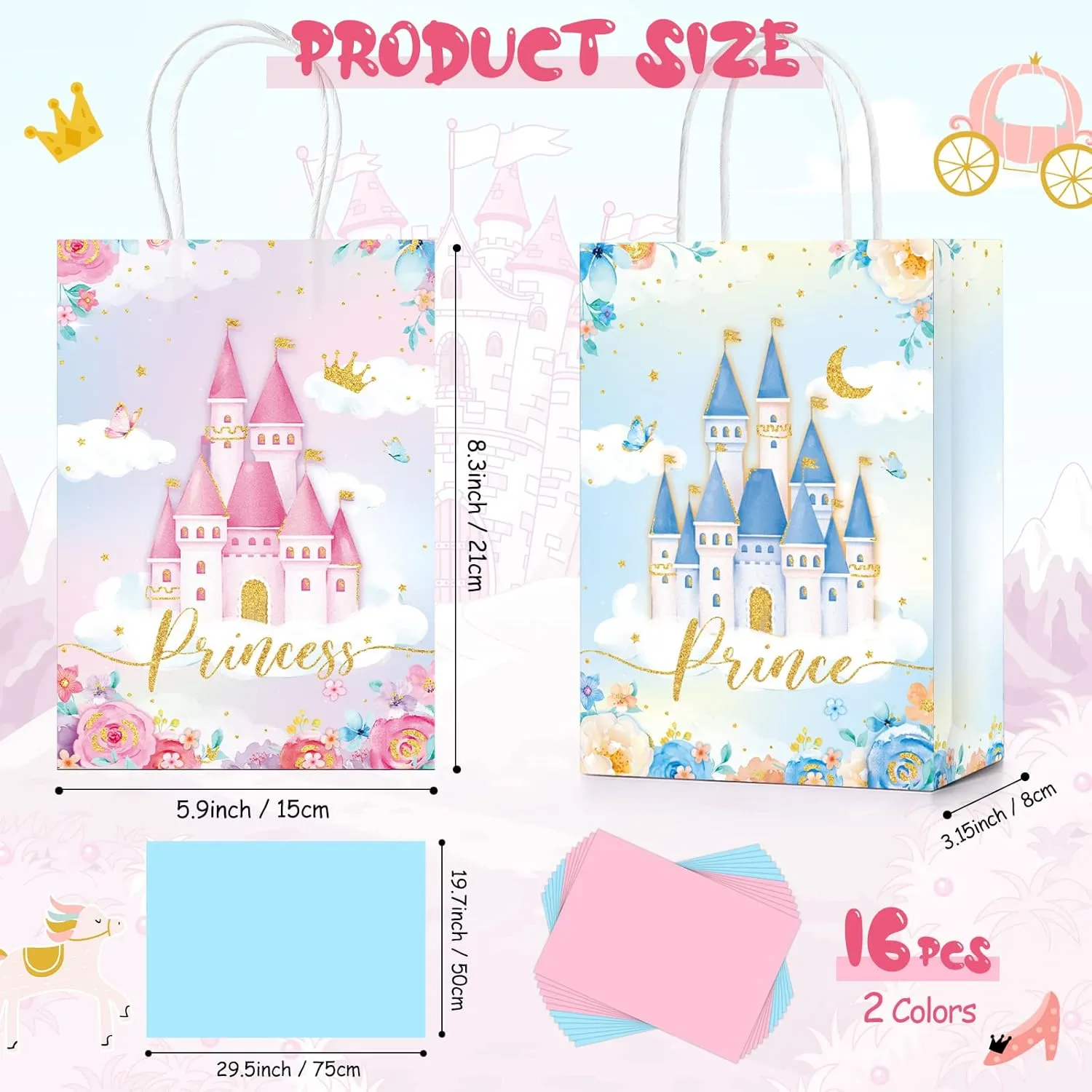 Nezyo 16 Pcs Princess Prince Party Favor Bags Prince Princess Goodie Gift Candy Bags for Birthday Baby Shower Party Favors(Pink and Blue Castle)