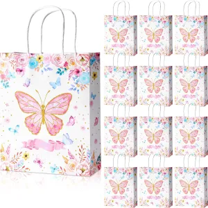 Nezyo 24 Pcs Butterfly Gift Bags Goodie Treat Candy Flower Gift Wrap Paper Bags with Handle Butterfly Party Favors for Wedding Birthday Party Supplies Bridal Shower Baby Shower