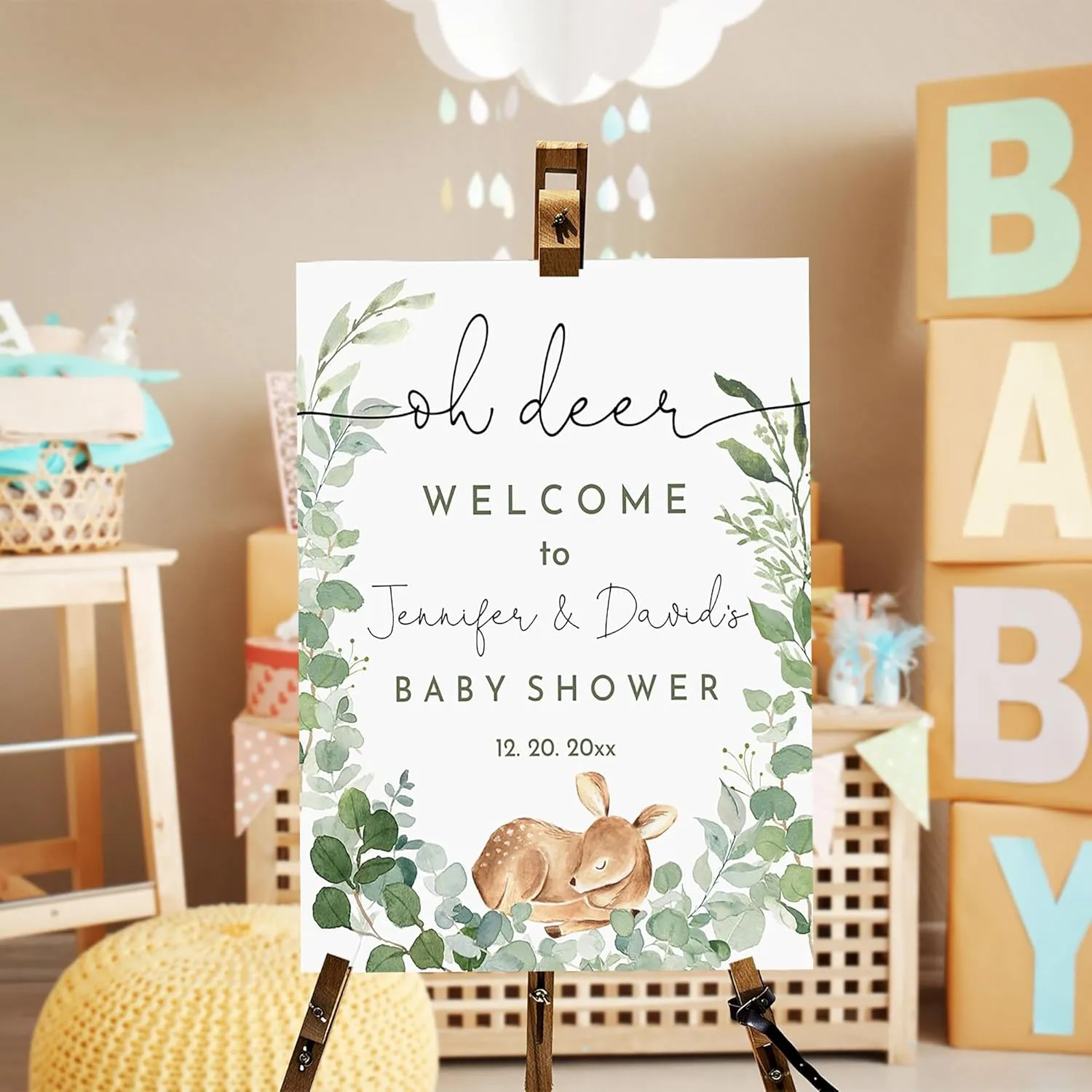 Oh Deer Baby Shower Welcome Sign Woodland Animals Baby Shower Decor Gender Neutral Deer Baby Shower Boho Greenery