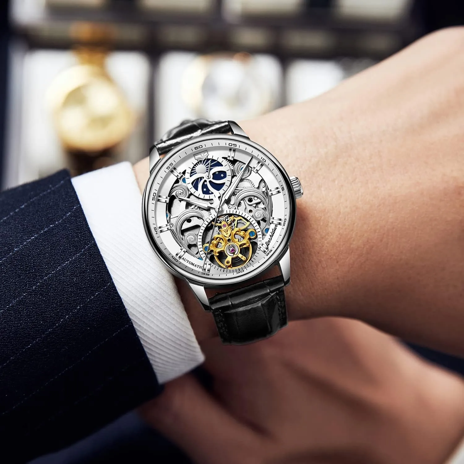 OLEVS Men's Skeleton Watch Luxury Dress Black Leather Silver Gold Tourbillon Moon Phase Automatic Mechanical Self-Winding Waterproof Luminous Wrist Watches…