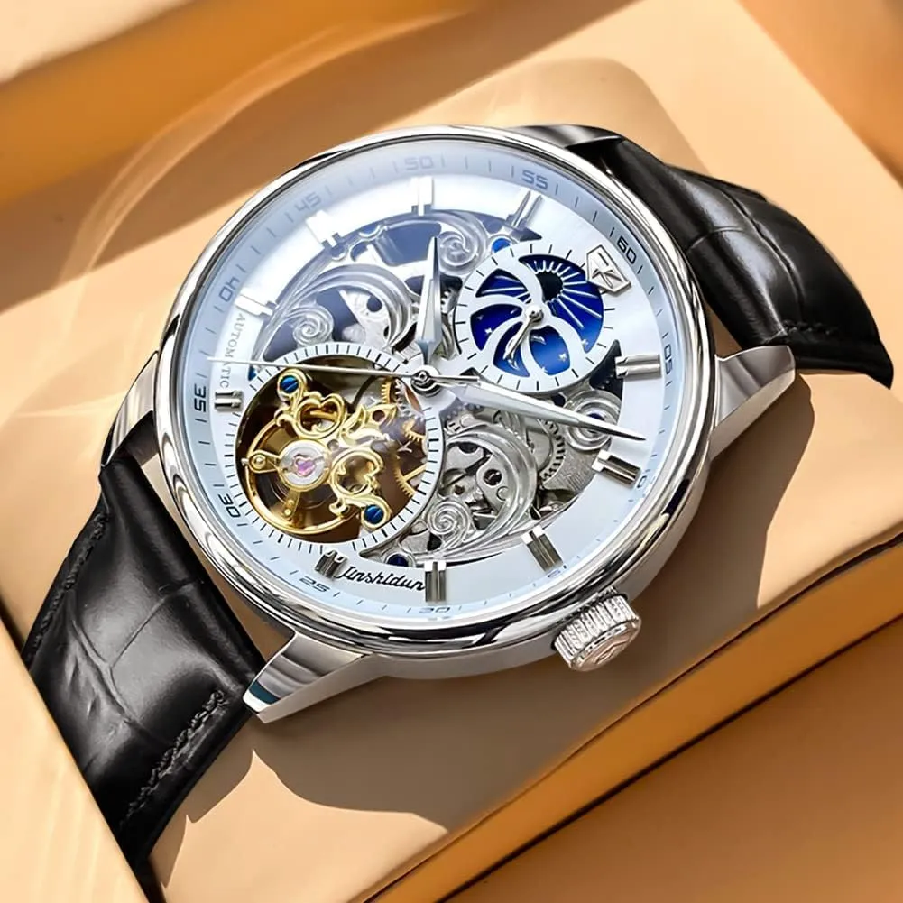 OLEVS Men's Skeleton Watch Luxury Dress Black Leather Silver Gold Tourbillon Moon Phase Automatic Mechanical Self-Winding Waterproof Luminous Wrist Watches…