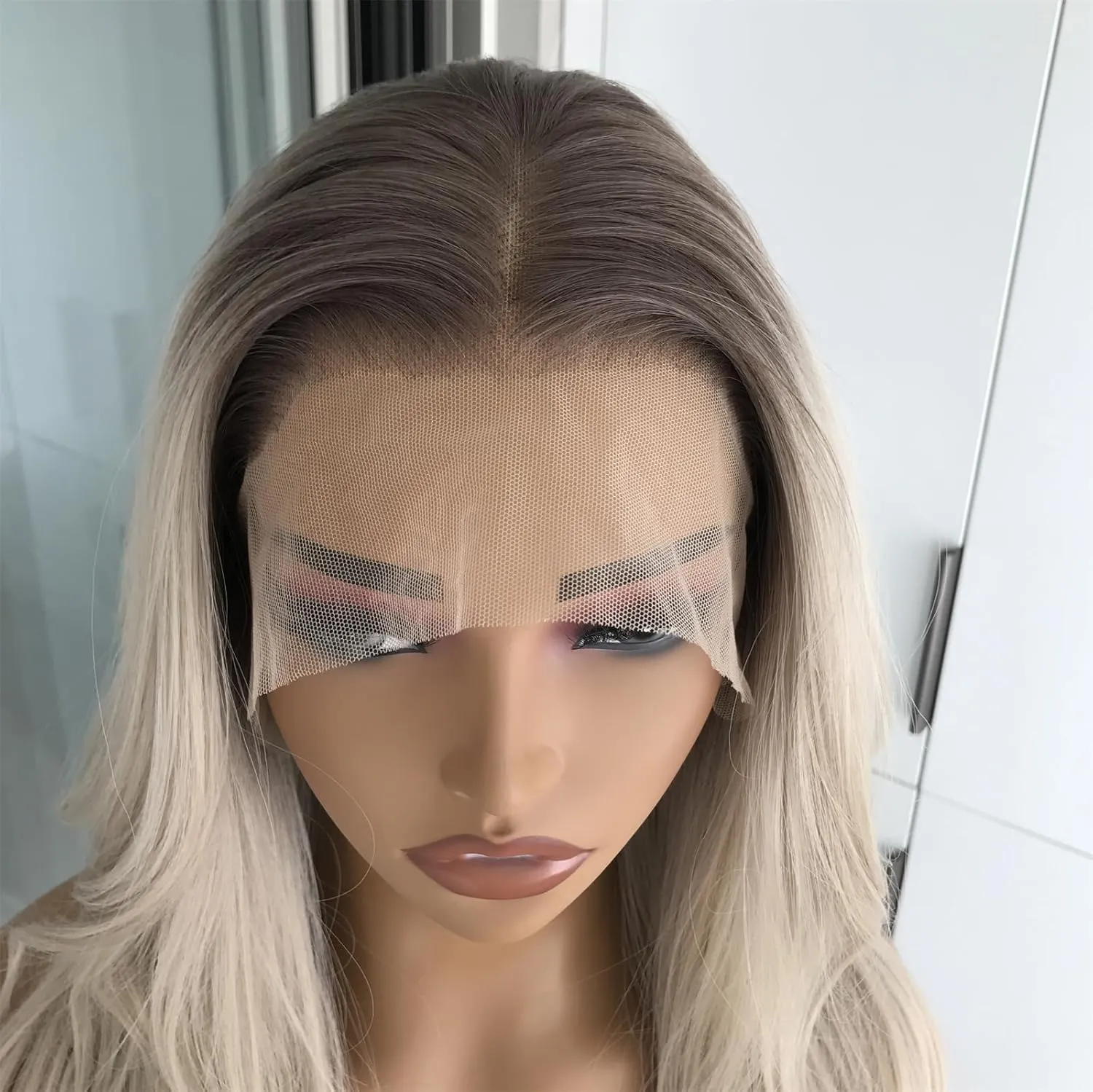 Ombre Blonde Wig Lace Front Wig with Pre plucked Glueless Synthetic Lace Wigs for Women Shoulder Length Ash Blonde Wig Layered Straight Wigs with Dark Roots Dairly Use Wig 20inch