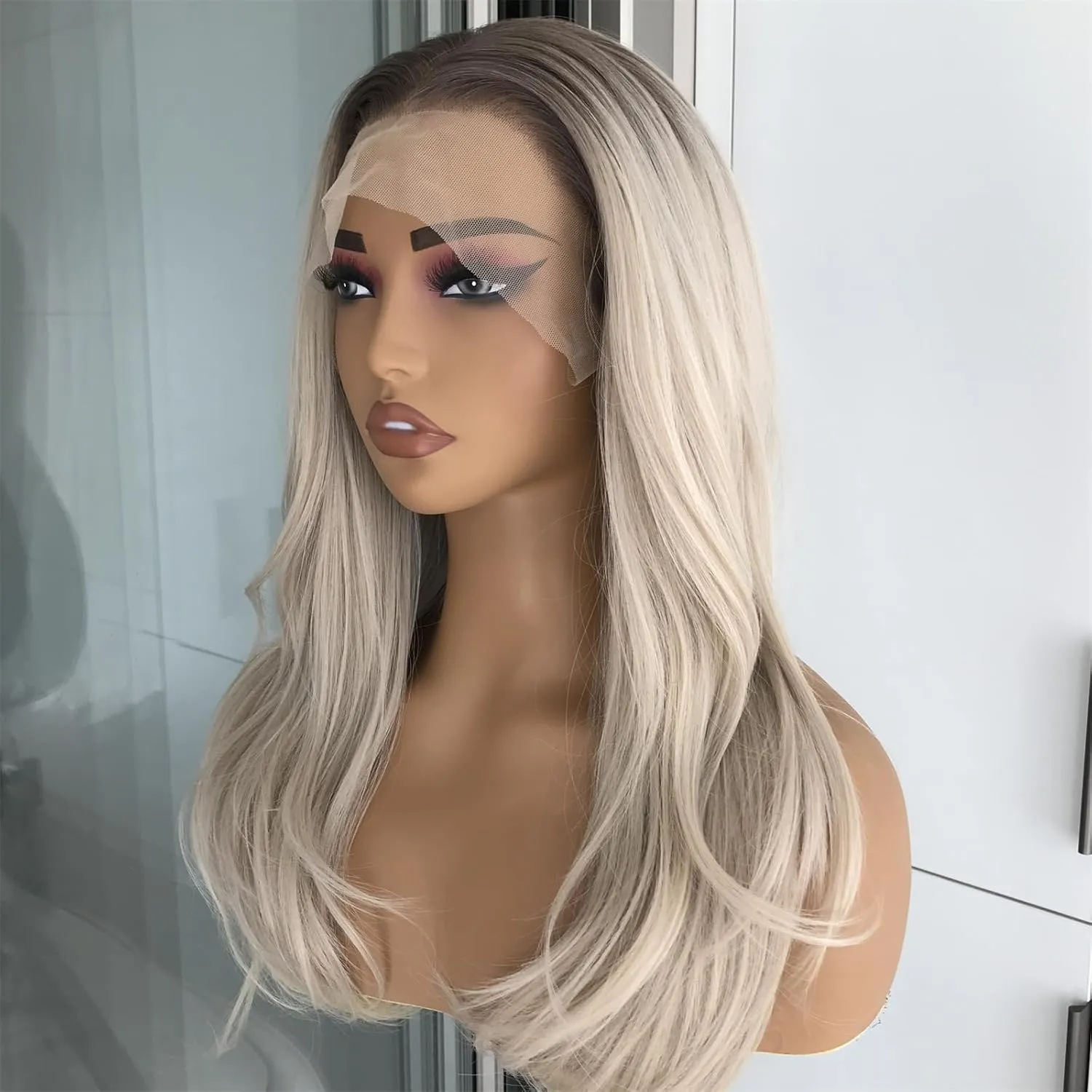 Ombre Blonde Wig Lace Front Wig with Pre plucked Glueless Synthetic Lace Wigs for Women Shoulder Length Ash Blonde Wig Layered Straight Wigs with Dark Roots Dairly Use Wig 20inch